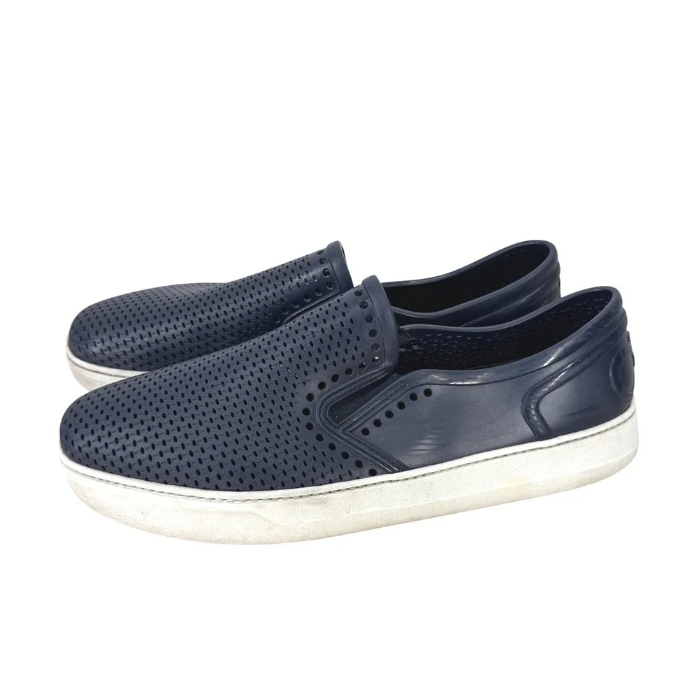 Salvatore Ferragamo Men Navy Blue Perforated Rubber Slip On Loafers Boat Size 11